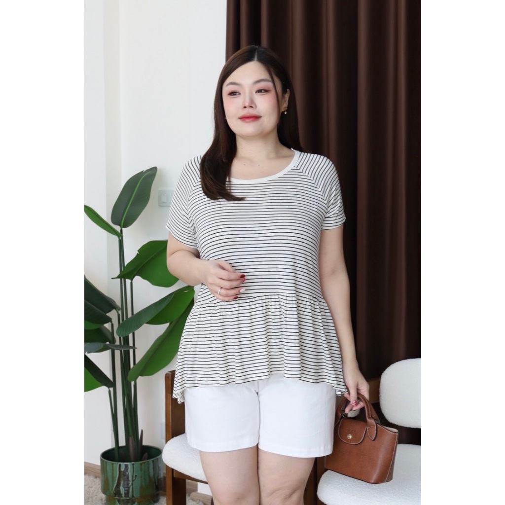 S200-0104 เสื้อยืดต่อระบายเอว ลายทาง อก40-50