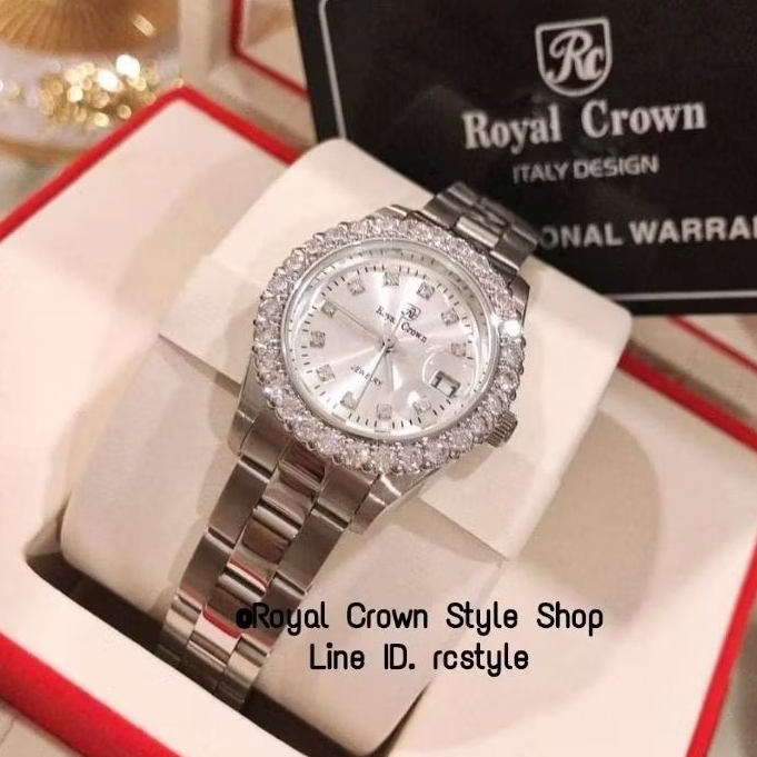นาฬิกาข้อมือ Royal Crown แท้100% รับประกัน1ปี กันน้ำ มีบัตรับประกัน1ปี ระบบถ่าน รอบหน้าปัดประดับเพชร CZเกรดพรีเมียม