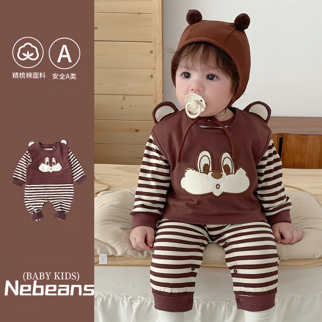 NT Baby -184 (บริการส่งด่วนกรุงเทพฯ)🧸🤍 ชุดหมีเด็กสไตล์เกาหลี ลายกระรอกน้อย Chipmunk พร้อมดีไซน์เสื้อกั๊กหลอก น่ารัก