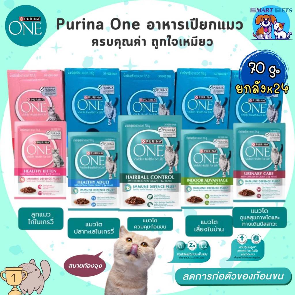 [ยกลัง 24 ซอง] Purina ONE อาหารเปียกแมว เพียวริน่าวัน เกรดพรีเมี่ยม ในน้ำเกรวี่ ขนาด 70 กรัม