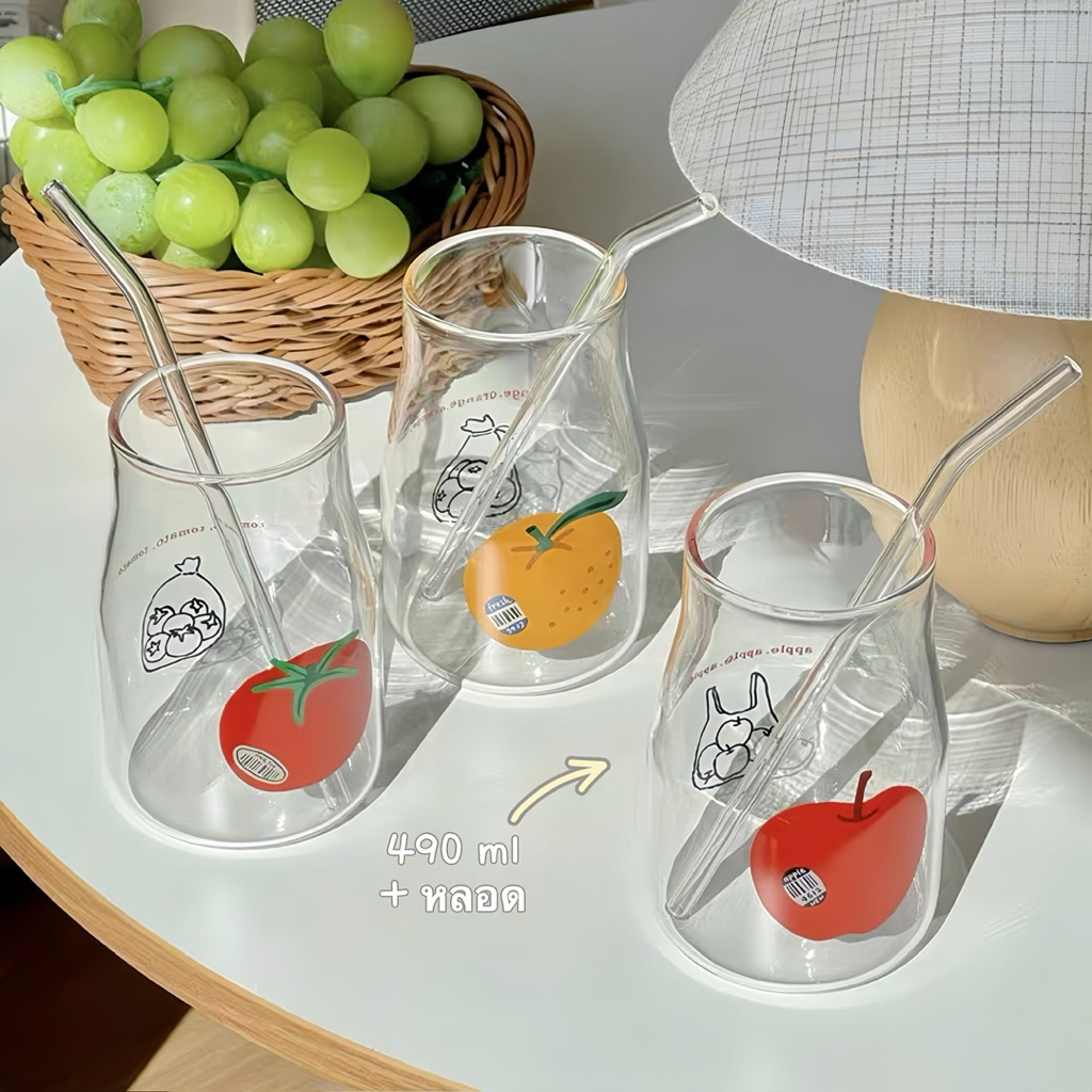 แก้วน้ำทรงสูง พร้อมหลอด ลายผลไม้ So Cute 490 ml แก้วอเมริกาโน่เย็น มัจฉะ ทนความร้อน พร้อมส่ง