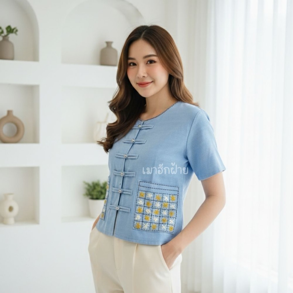 เสื้อผ้าฝ้าย คอกลม แขนสั้น ปักกระเป๋า งานปักมือ ใส่สบายทุกวัน ราคา ถูกที่สุด ดีลบีเคเค แกลเลอรีภาพที่ 4