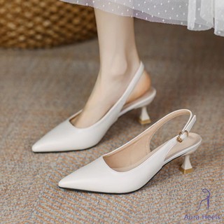 Aura รองเท้าส้นสูงแตะสีเบจสไตล์เกาหลี หัวแหลม ส้นเรียว สำหรั…