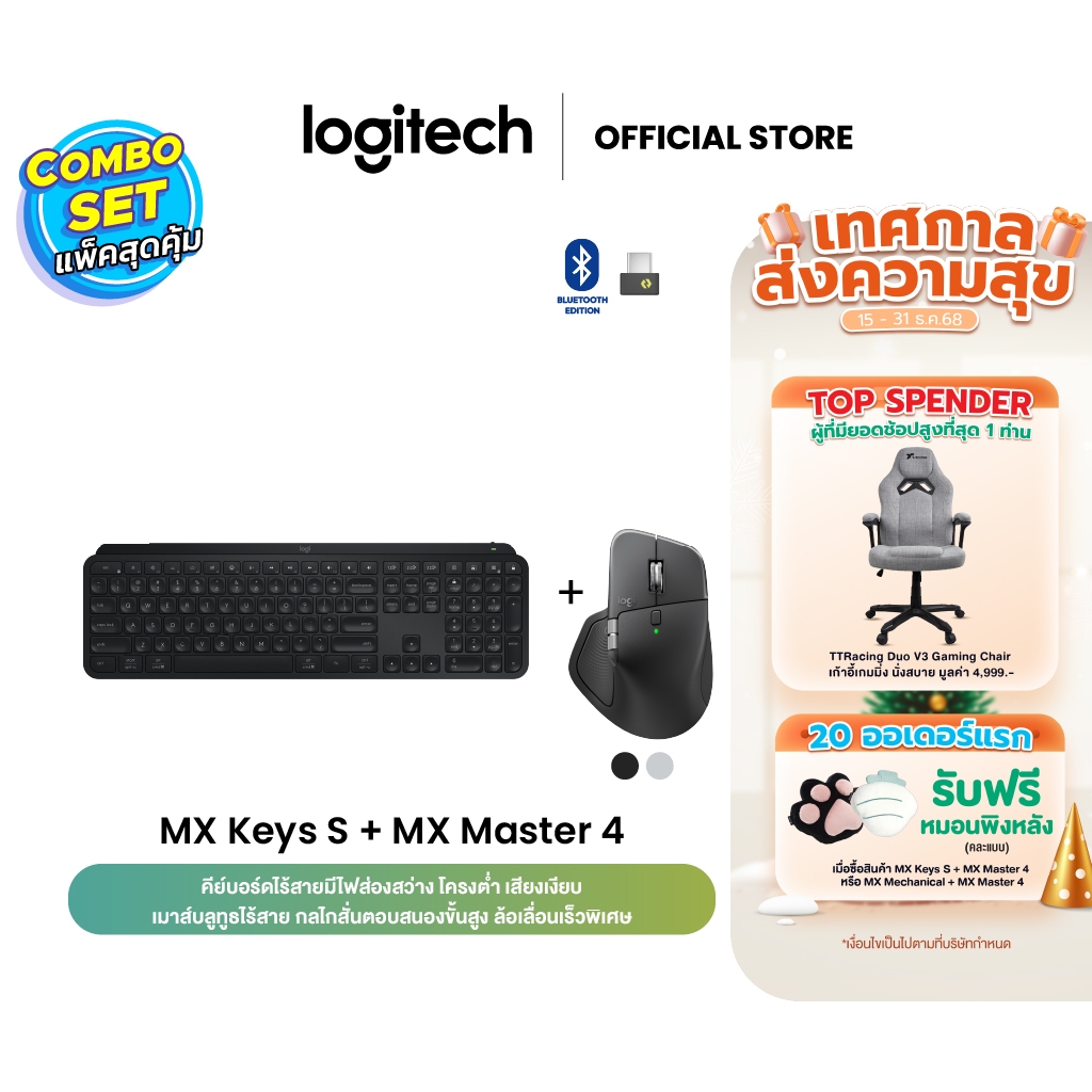 Logitech MX Keys S Advanced Wireless คีย์บอร์ดไร้สาย TH/EN + MX Master 4 Ergonomic Wireless Mouse เม