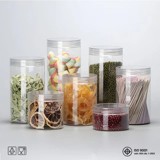 50ชิ้น เซ็ตกระปุกPET ใส ทรงกลม ขนาด 100mm ดีไซน์เรียบ แข็งแรง มีความจุ 540-1450ml แถมฟรี แผ่นโฟม บรรจุคุกกี้ อาหาร HC10