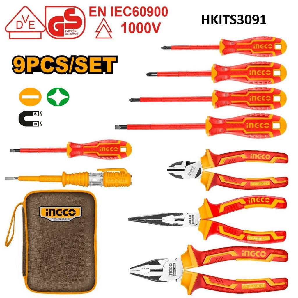 INGCO ชุดเครื่องมือช่างไฟฟ้า 9 ชิ้น ชุดไขควงและคีมกันไฟ 💥รุ่นใหม่ล่าสุด💥HKIST3091 มาตรฐานกันไฟ EN IEC60900 1000V