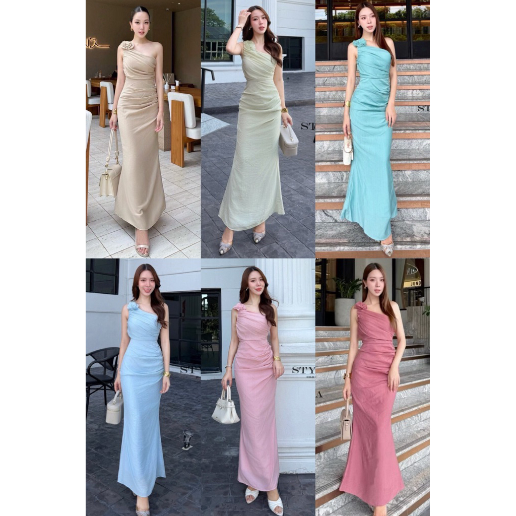 S5 งานป้าย Stylista Dress เดรสยาวปาดไหล่แต่งดอกไม้ สำหรับผู้หญิง เสื้อผ้าแฟชั่นผู้หญิง ไซส์ Xs-L