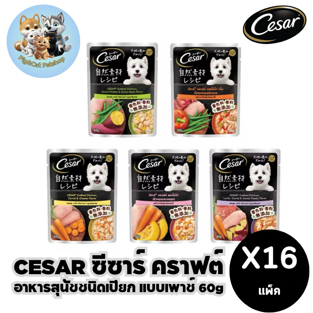CESAR อาหารเปียกสุนัข วัตถุดิบจากธรรมชาติ - ซองละ 60 กรัม (เลือกรสชาติได้) (แพ็ก 16 ซอง)
