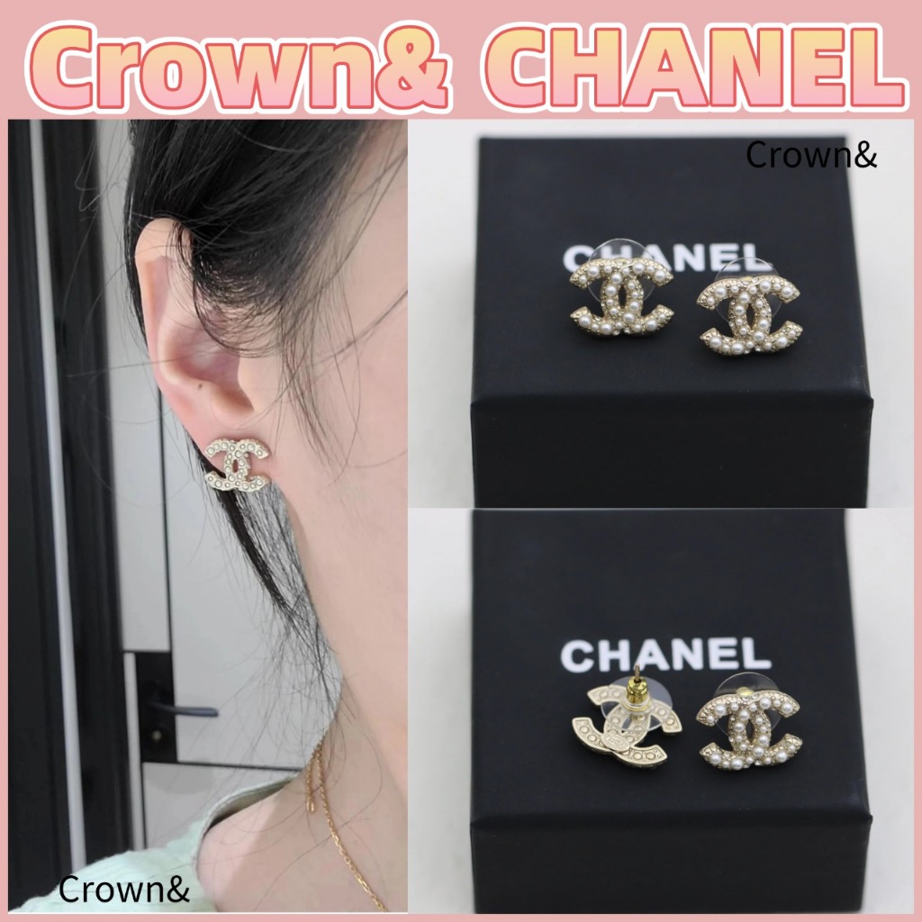 สินค้าใหม่แท้ 100%/CHANEL (ซีรีส์ 21 ฤดูร้อน) CC Pearl Design ต่างหูขนาดใหญ่สตรีทอง