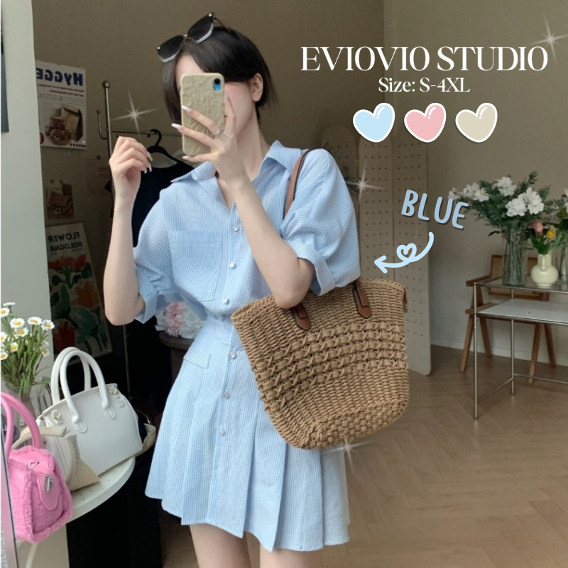 【EVIOVIO】S-4XL มินิเดรสลายทาง คอปกเชิ้ต เดรสพลัสไซซ์ สำหรับสาวอวบ ให้ลุคสบาย ๆ มีสไตล์ ใส่ทำงาน