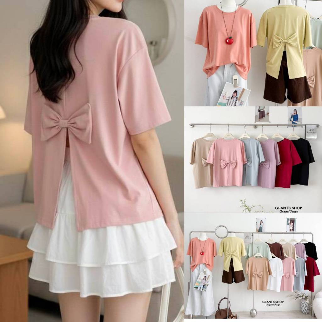 G159 เสื้อยืดคอกลอมผ่าหลังแต่งโบว์