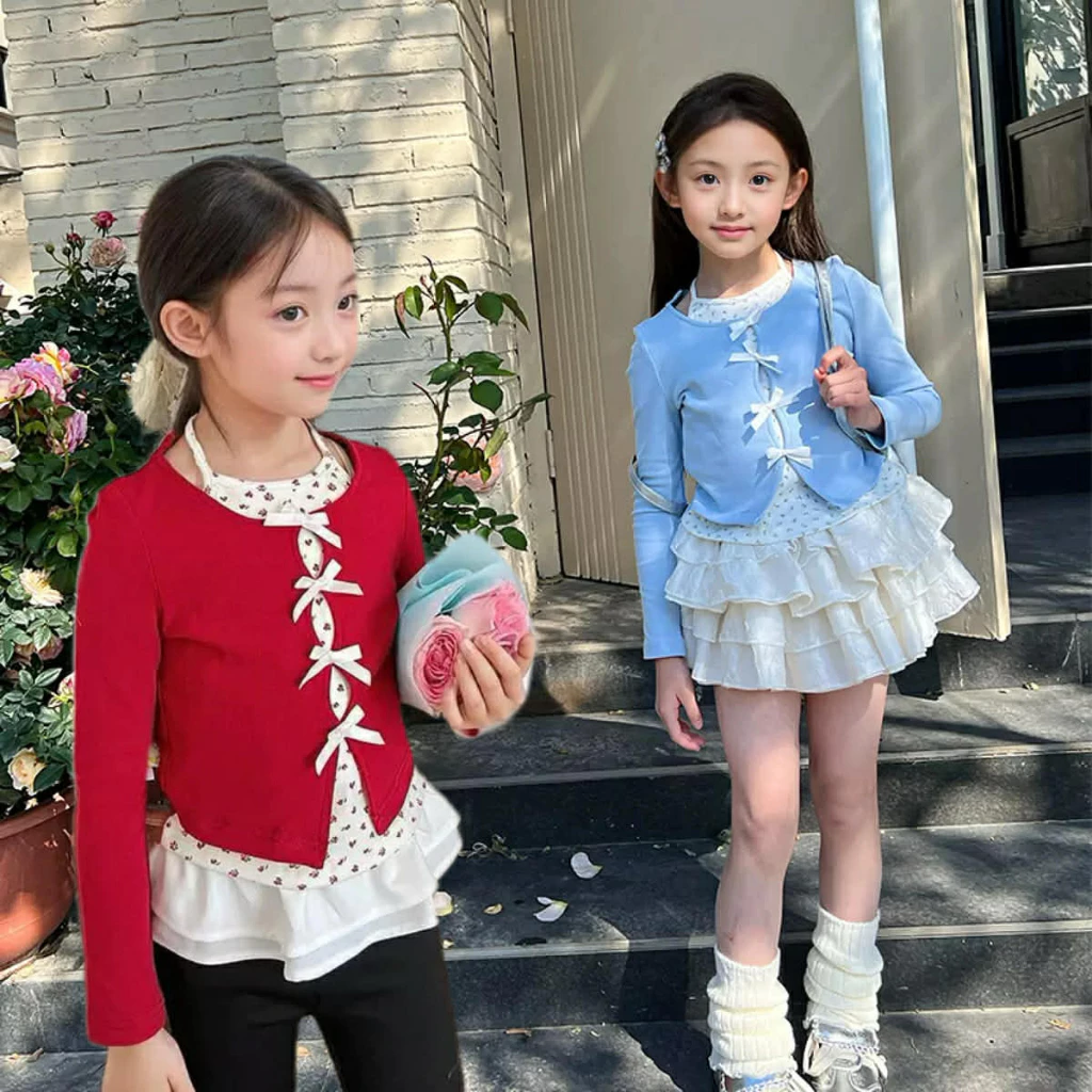 (**พร้อมส่งจากในไทย**)NO.875/876 เสื้อยืดเด็กแขนยาว*สีแดง/ฟ้า* แต่งโบว์ (เฉพาะเสื้อเท่านั้น)