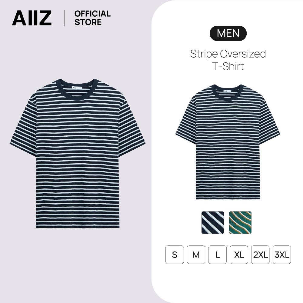 AIIZ เสื้อยืดคอกลมแขนสั้นผู้ชายทรงหลวมลายทาง