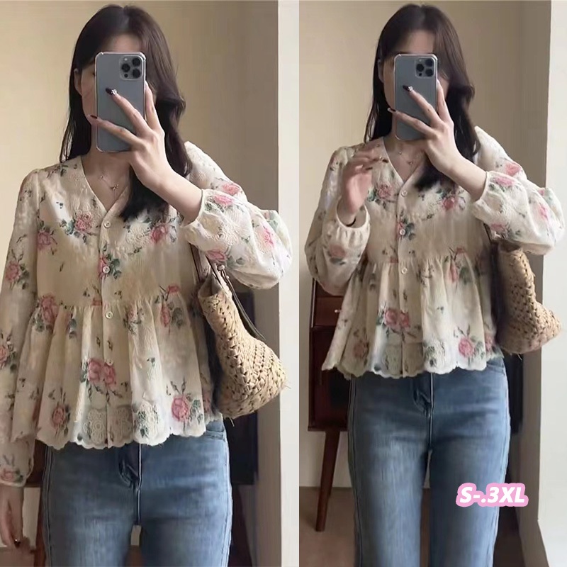 🌵Grace_chili🌵 S-3XL เสื้อเชิ้ตแขนสั้นพิมพ์ลายดอกไม้สำหรับผู้หญิง แขนพอง ทรงเบบี้ดอลล์ 99188/99189