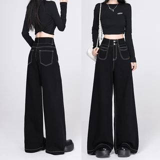 S-5XL กางเกงยีนส์ผู้หญิงเอวสูงสีดำทรงตรง ใส่สบายแบบลำลอง มีทุกไซส์