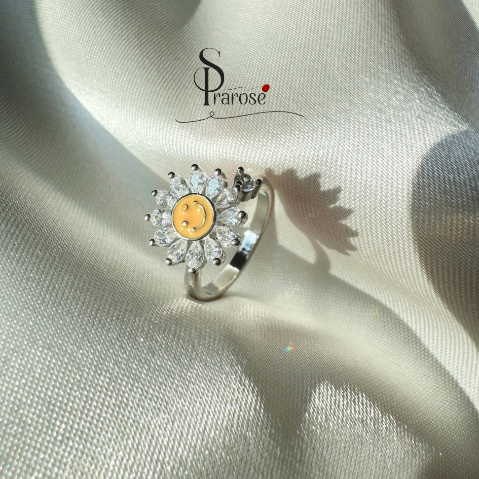 Silver Ring แหวนเงิน แหวนหมุนได้ แหวนทานตะวันเพชร  แหวนสมาธิคลายเครียด Worry Rings R028