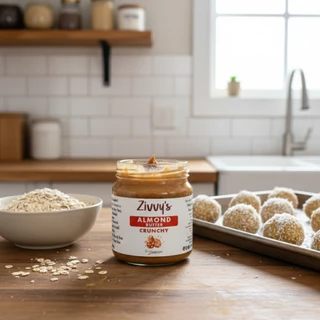เนยอัลมอนด์กรุบกรอบ | Crunchy Almond Butter | ผสมชิ้นอัลมอนด์กรุบ 30% | Zivvy's