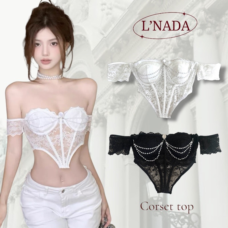 L'NADA【พร้อมส่ง】 CORSET TOP เสื้อเกาะอกเปิดไหล่ ตกแต่งลูกปัด   (1925)