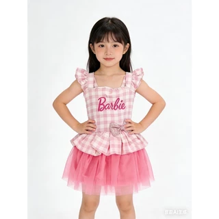BB172 เดรสเด็กหญิงสไตล์เจ้าหญิง สีชมพูลายสก็อต กระโปรงฟูทูลล์ โบว์เอว น่ารักหวาน เสื้อผ้าเด็ก