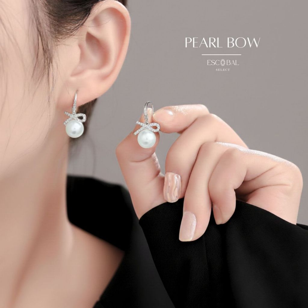 ESCOBAL ต่างหูไข่มุก Pearl Bow ต่างหูไข่มุก ต่างหูเงินแท้ฝังเพขร ตุ้มหูไข่มุกขาว Valentine ของขวัญ ราคา ถูกที่สุด ดีลบีเคเค