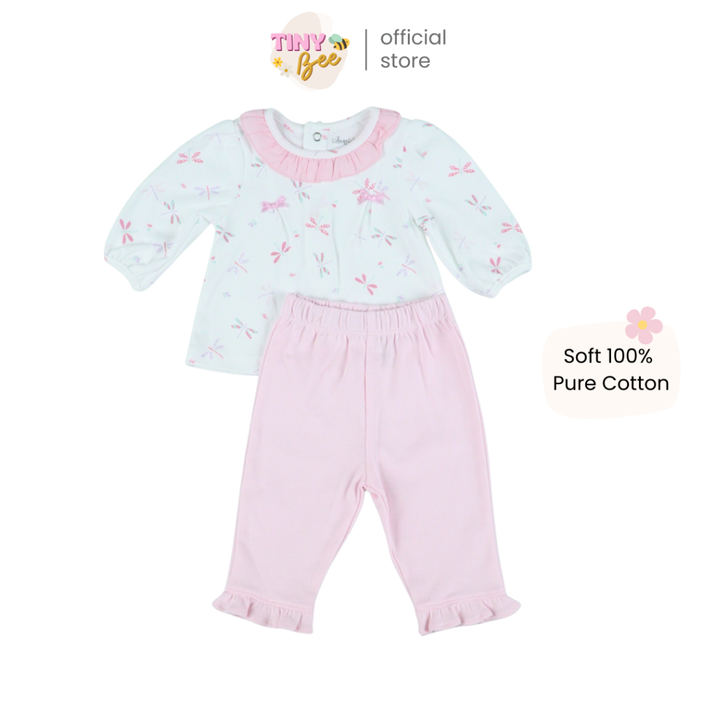TinyBee ชุดเซ็ตเสื้อผ้าฝ้าย Cotton 100% พร้อมกางเกง ชุดเด็กผู้หญิง ลายแมลงปอ อายุ 3-24 เดือน