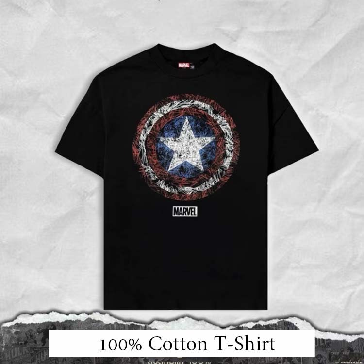 [READY STOCK] เสื้อยืดคอกลมสั้นแขน 100%cottons MARVEL สไตล์Superhero ลายCaptain America สีดำ ไซส์M-3XL สวมสบายแฟชั่น