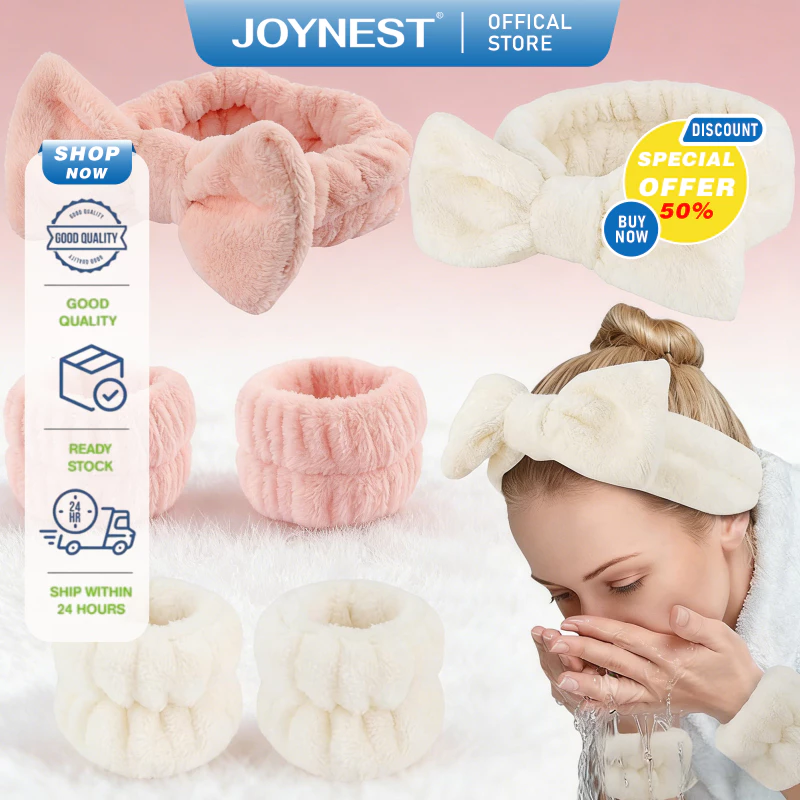 JOYNEST เซ็ต 2 ชิ้น ที่คาดผม ผ้าสะบัดน้ำ เนื้อผ้าสักหลาดปะการังนุ่มสบายผิว ยืดหดได้ ดีไซน์น่ารักเรียบง่าย