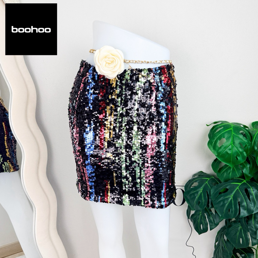 ไซด์ S แบรนด์ boohoo แท้ 100%🌸กระโปรง ลายทาง เอวสูง งานเกล็ดวิบวับ สีรุ้ง ใส่ออกงาน ปาร์ตี้ ชุดไปเดท