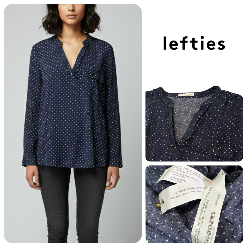 Lefties (XX58) lft เสื้อแขนยาว เสื้อผู้หญิง คอจีน สีกรมท่า ลายจุด ผ้าบาง ใส่สบาย👚