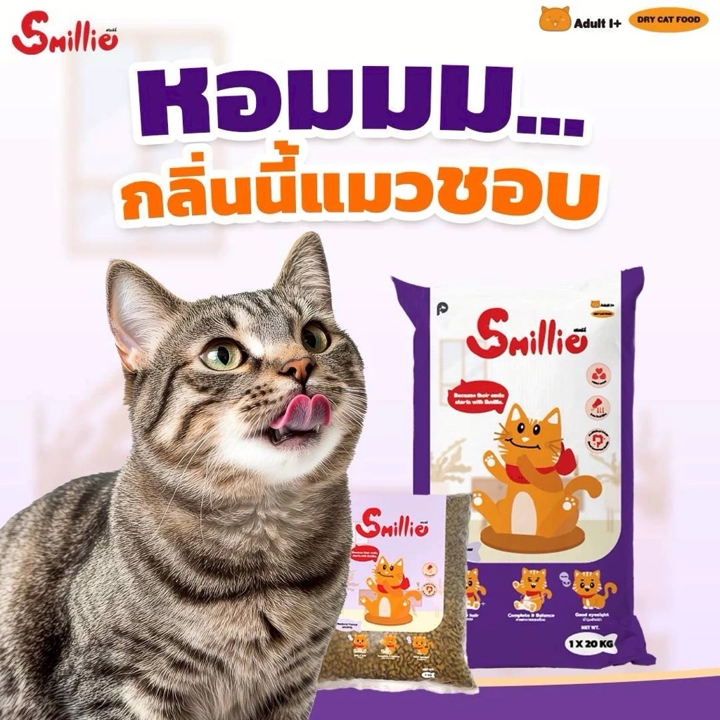 อาหารแมว Smillie (รสปลาทู ถุงสีม่วง)แพ็ค1กิโล 20ถุง โปรตีน26%