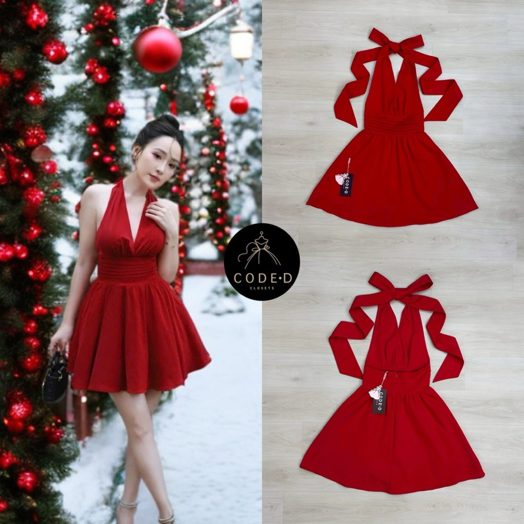 CODE-D CLOSETS มินิเดรสแดงคอวีเว้าลึกคล้องคอผูกโบว์ด้านหลัง โชว์หลัง ( มีซิปหลังซ่อนอย่างดี