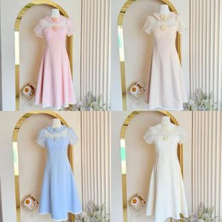 [NITTAYA] D2773 ชุดเดรสกระโปรงยาวคอปกแขนสั้นซีทรูจับจีบเข็มก…