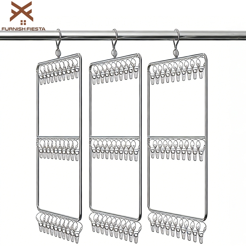 FurnishFiesta ราวตากผ้า ราวตากผ้าถุงเท้า 20/30ตัว ที่หนีบผ้า าวหนีบผ้าสแตนเลส 2/3ชั้น ประหยัดพื้นที่และแห้งอย่างเหมาะสม