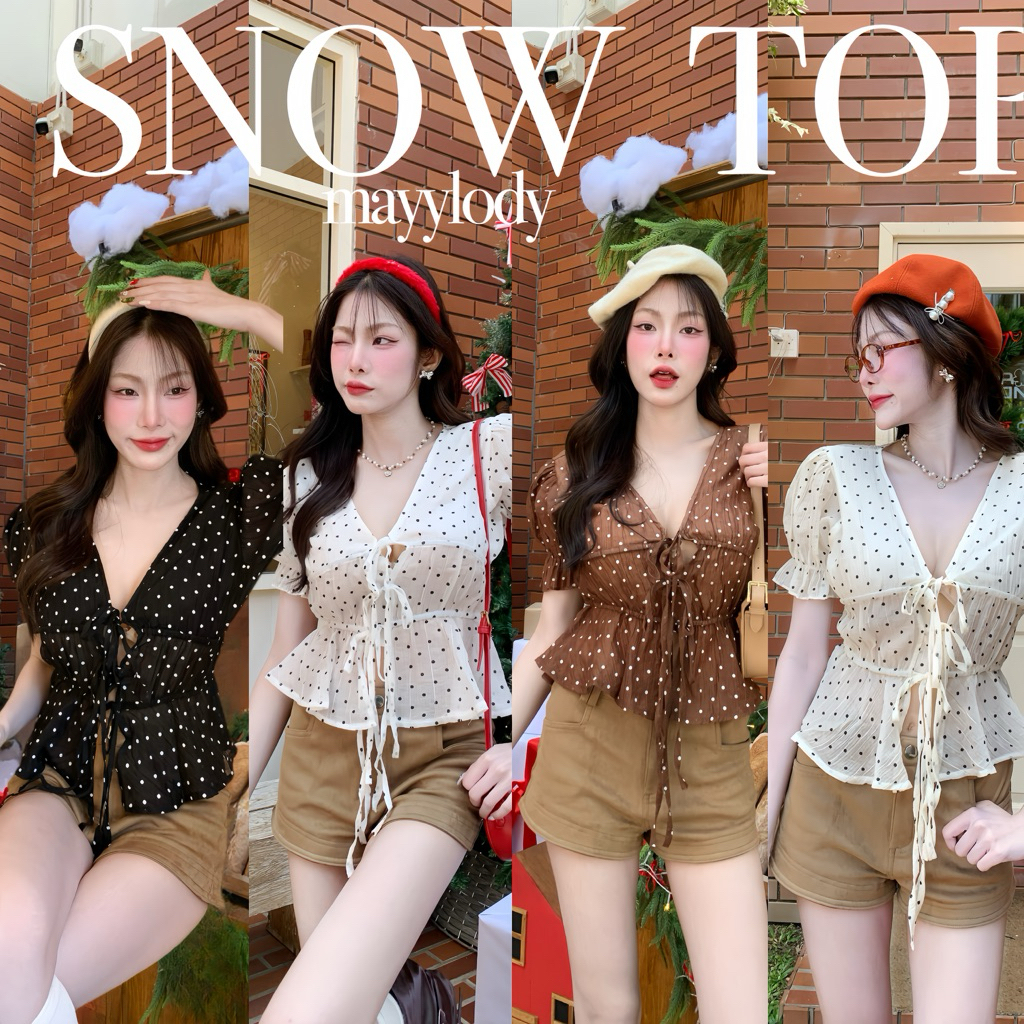 mayylody   SNOW  TOP ครอปท็อป  ลายจุด ผูกหน้าสม็อครอบตัว ลุคสวยแพงมากก  ️  เสื้อครอป ครอป สไตล์เกาหลี สุด