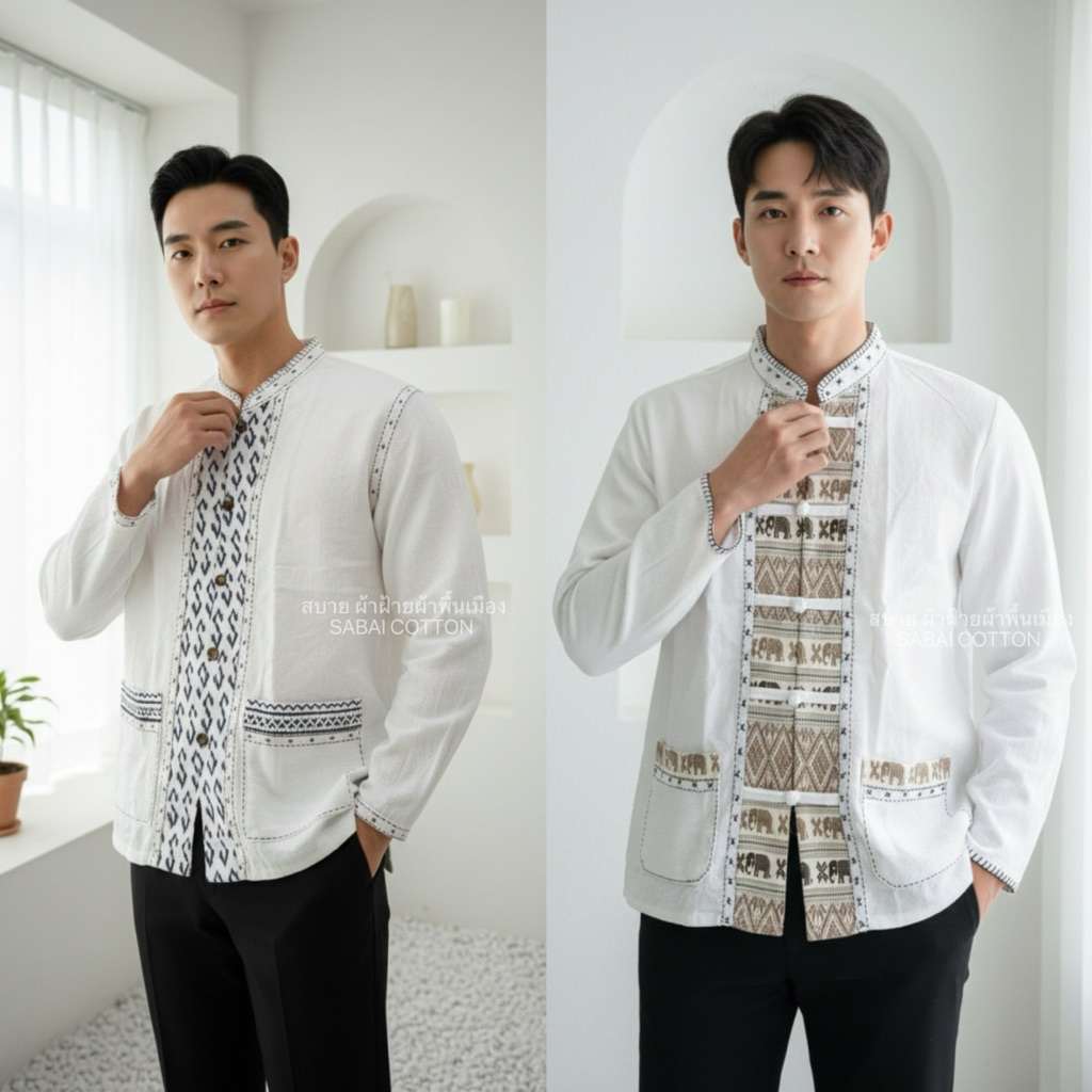 เสื้อผ้าฝ้ายคอจีน งานปักมือ แต่งเทป กระดุมไม้ แขนยาว ผ้านิ่มใส่สบาย