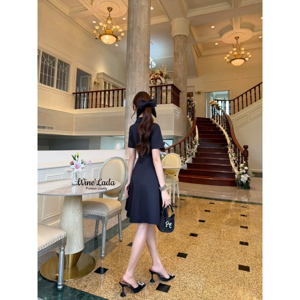 Wine'Lada Dressทรงเชิ้ตกระดุมหน้าอะไหล่เงิน สีดำ - รูปที่ 7