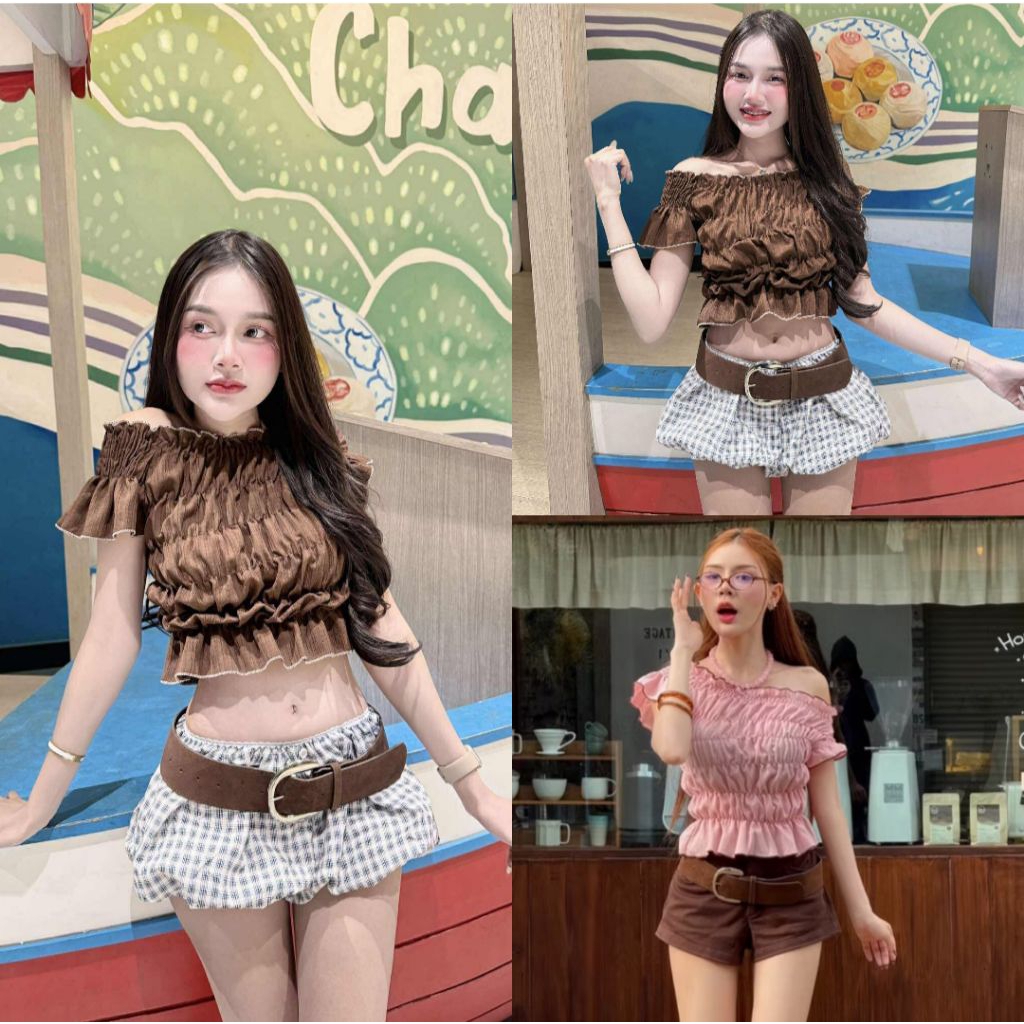ปาดไหล่สม็อคทั้งตัว กุ้นสีด้ายตัดกับมีเสื้อน่ารักมากๆค่ะ ช่วงแขนใส่ยางสม็อค