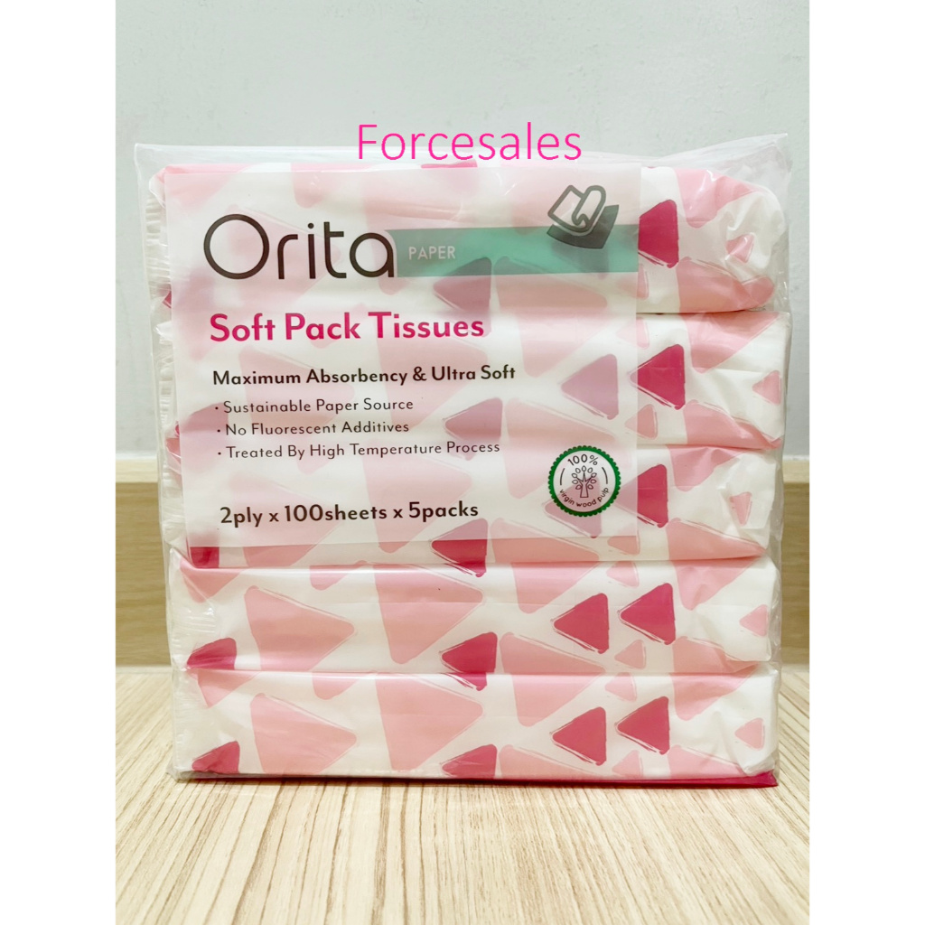 Orita โอริต้า กระดาษเช็ดหน้า แบบซอฟแพ็ค 2 ชั้น 100แผ่น บรรจุ 5แพ็ค