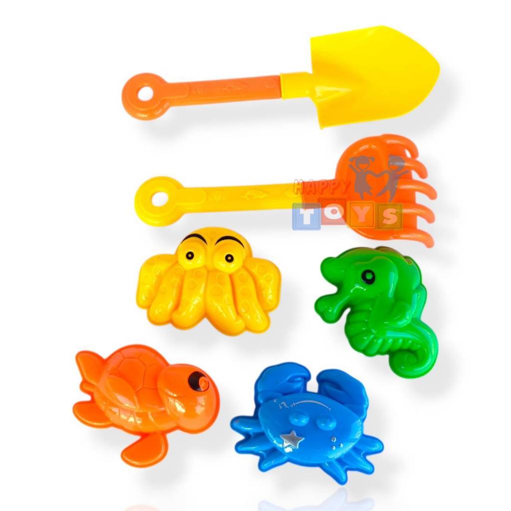 ของเล่นทราย 6 ชิ้น มี พลั่ว คราด ปู ปลาหมึก เต่า ม้าน้ำ ที่ตักทราย ใส่ถุงตาข่าย