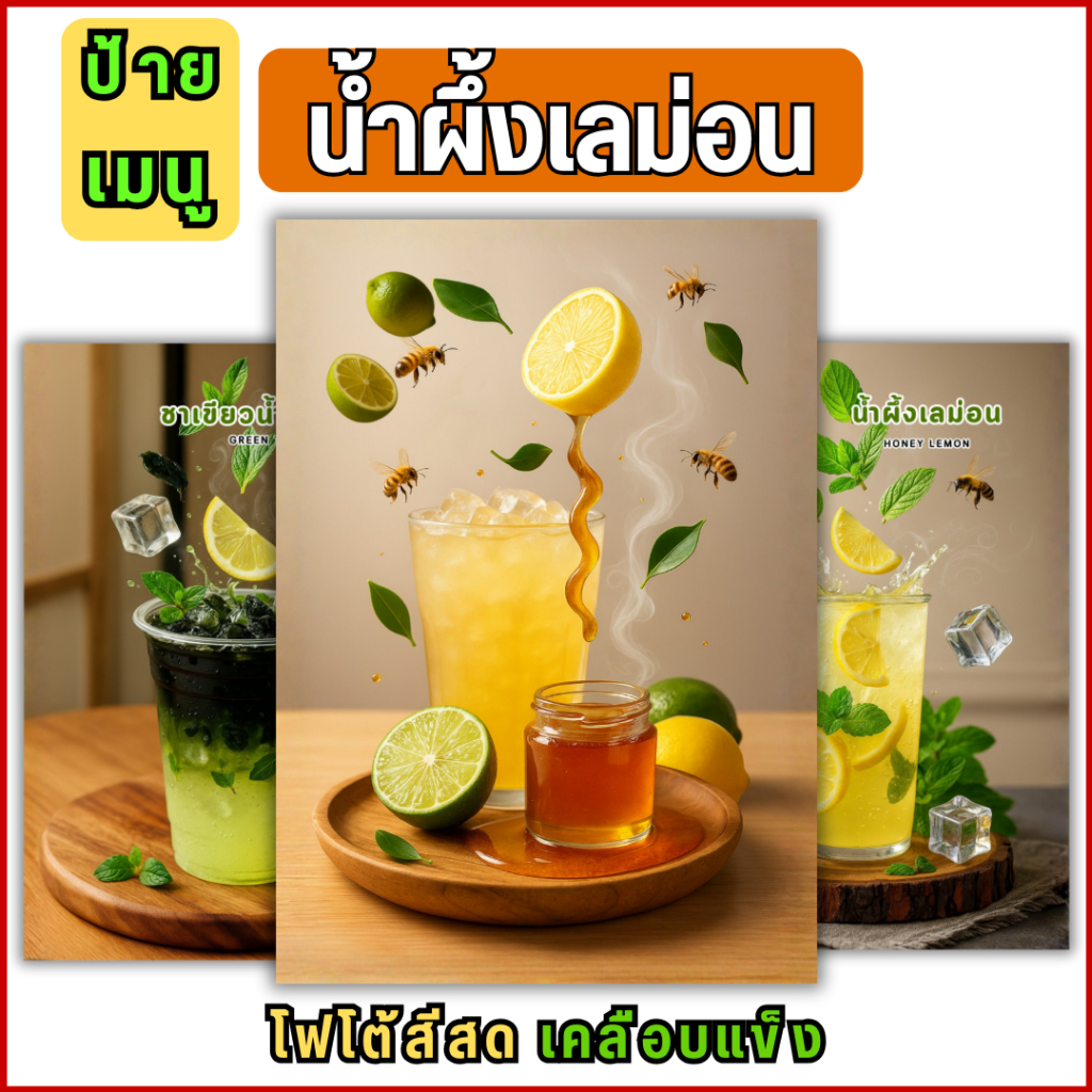 D043 ป้ายเมนูน้ำผึ้งเลม่อน ภาพเมนูน้ำผึ้งเลม่อน Lemon Tea เมนูเครื่องดื่ม