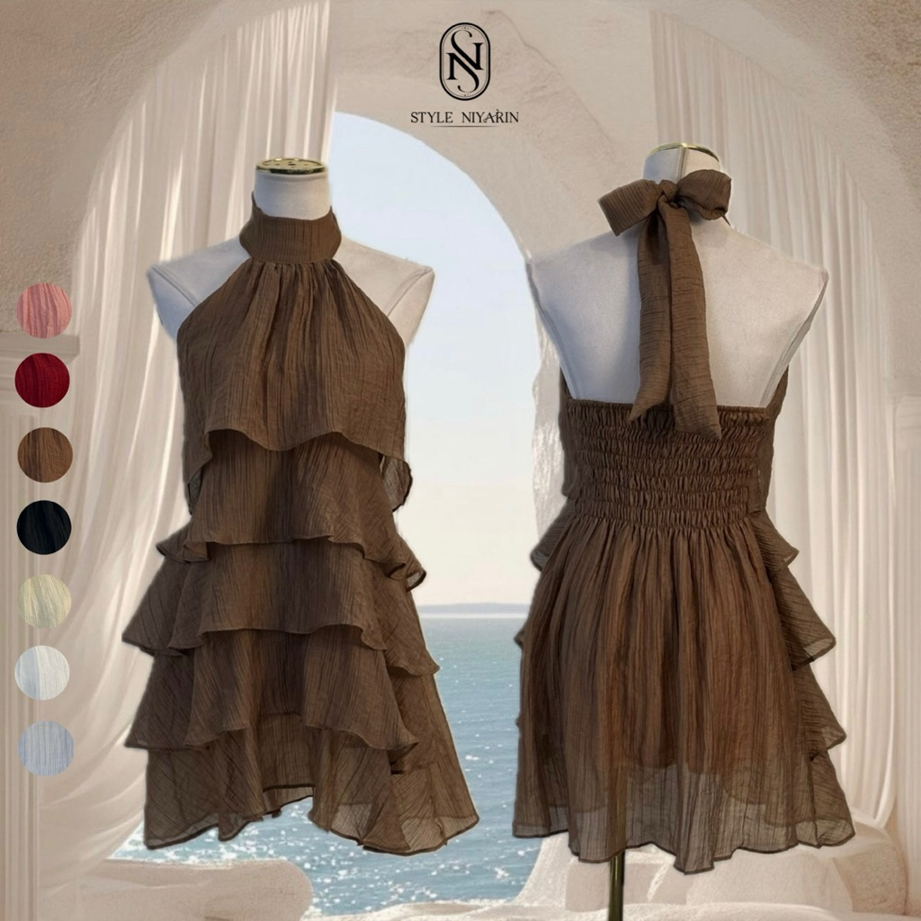 Clover Dress  เดรสฮัลเตอร์ผ้าพลิ้ว ดีเทลระบายซ้อนเป็นชั้น มีสายผูกด้านหลัง สม็อคยืดตามอก