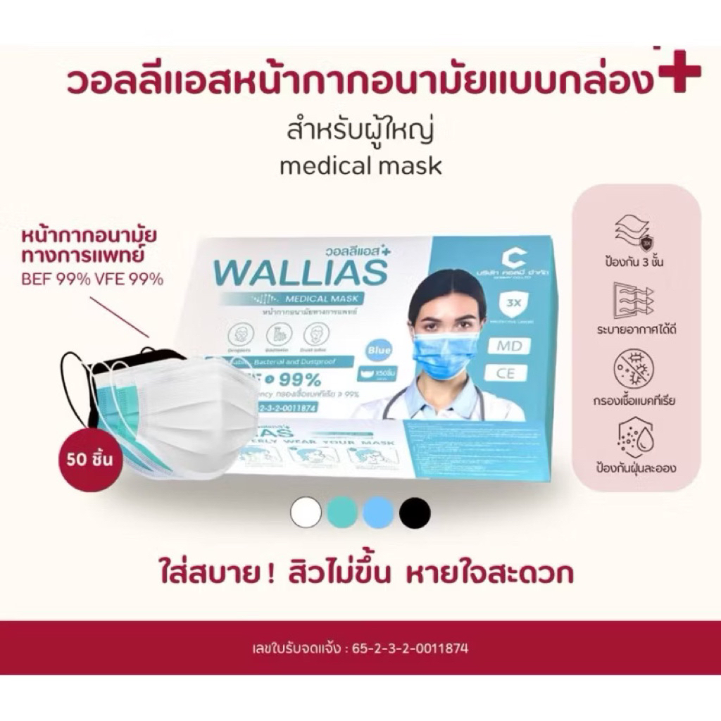 Wallias หน้ากากอนามัยทางการเเพทย์ แมส หนา 3 ชั้น กล่อง 50 ชิ้น กันฝุ่น PM2.5 ใส่สบาย