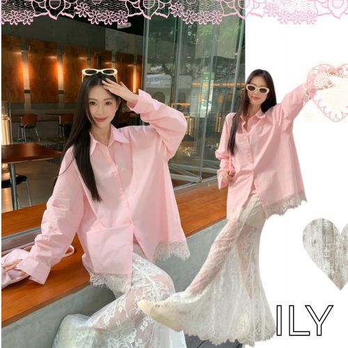[ILY]Set 2 ชิ้น เสื้อเชิ้ตแต่งลูกไม้+กระโปรงลูกไม้