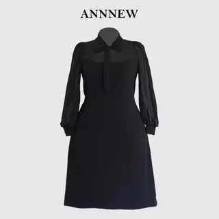 ✨ANNNEW✨ XL- 5XL เดรสผ้ายืดวูลเวฟเเต่งผูกโบว์เเขนชีฟอง 2242R
