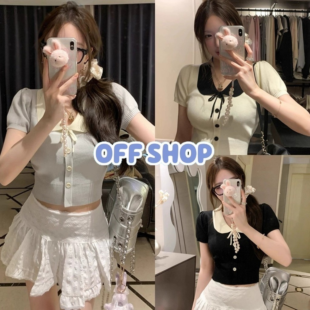 OFF SHOP เสื้อยืดไหมพรมแขนสั้น คอปก ทรงรัดตัว สไตล์คาวาอี้ (OFF-83228)