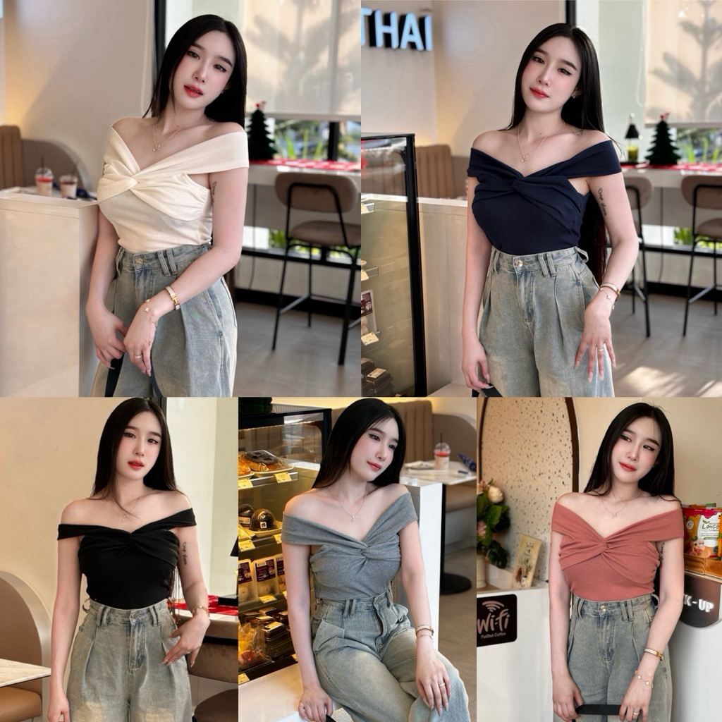 เสื้อครอปโชว์ไหล่ผ้าร่องยืด (A1)