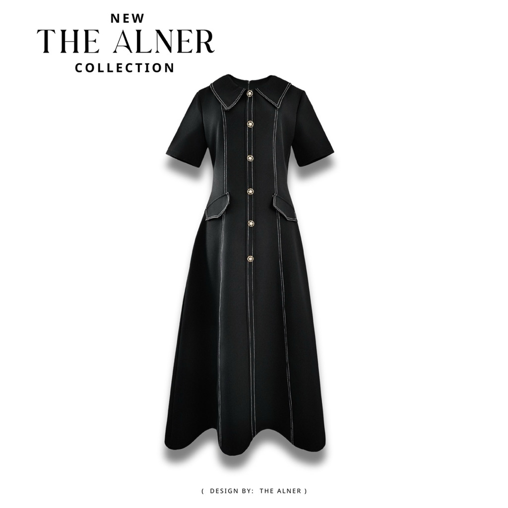 Thealner-AN557 (เดรสดำคอปกแขนสั้นแต่งตะเข็บหน้า)