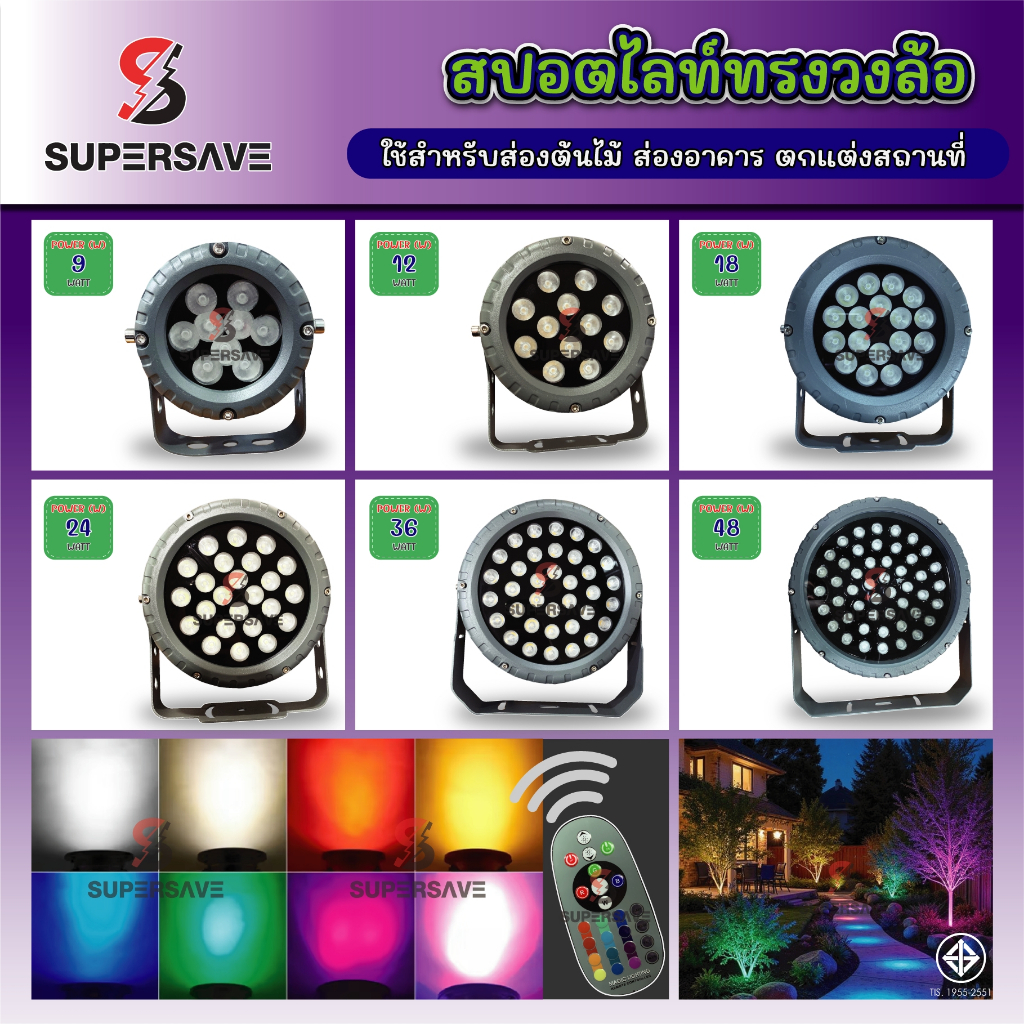 สปอตไลท์ LED โคมไฟ LED spotlight ส่องต้นไม้ ส่องอาคาร ตกแต่งสถานที่ ทรงวงล้อ 9w 12w 18w 24w 36w 48w