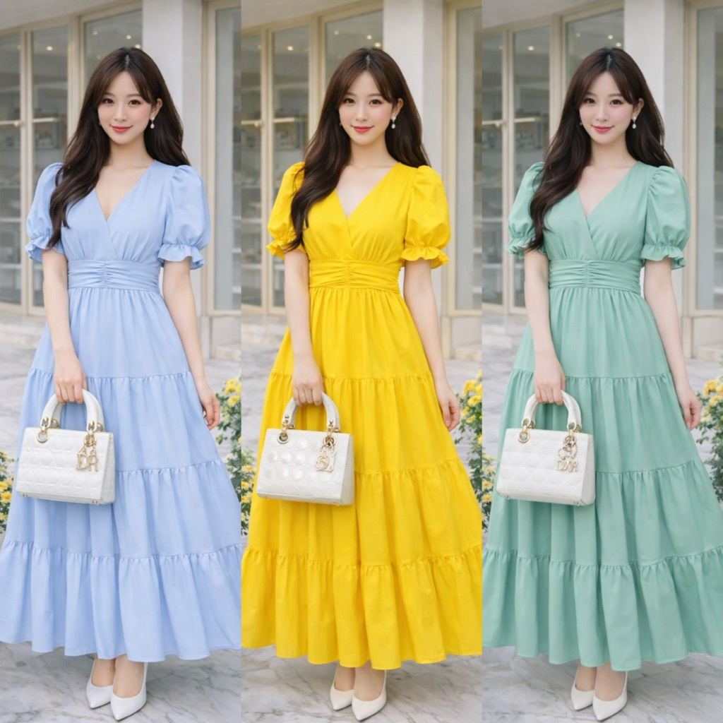เดรสยาวสี่ผืนหน้าอกไขว้ ผ้าไหมอิตาลีทรงสวย