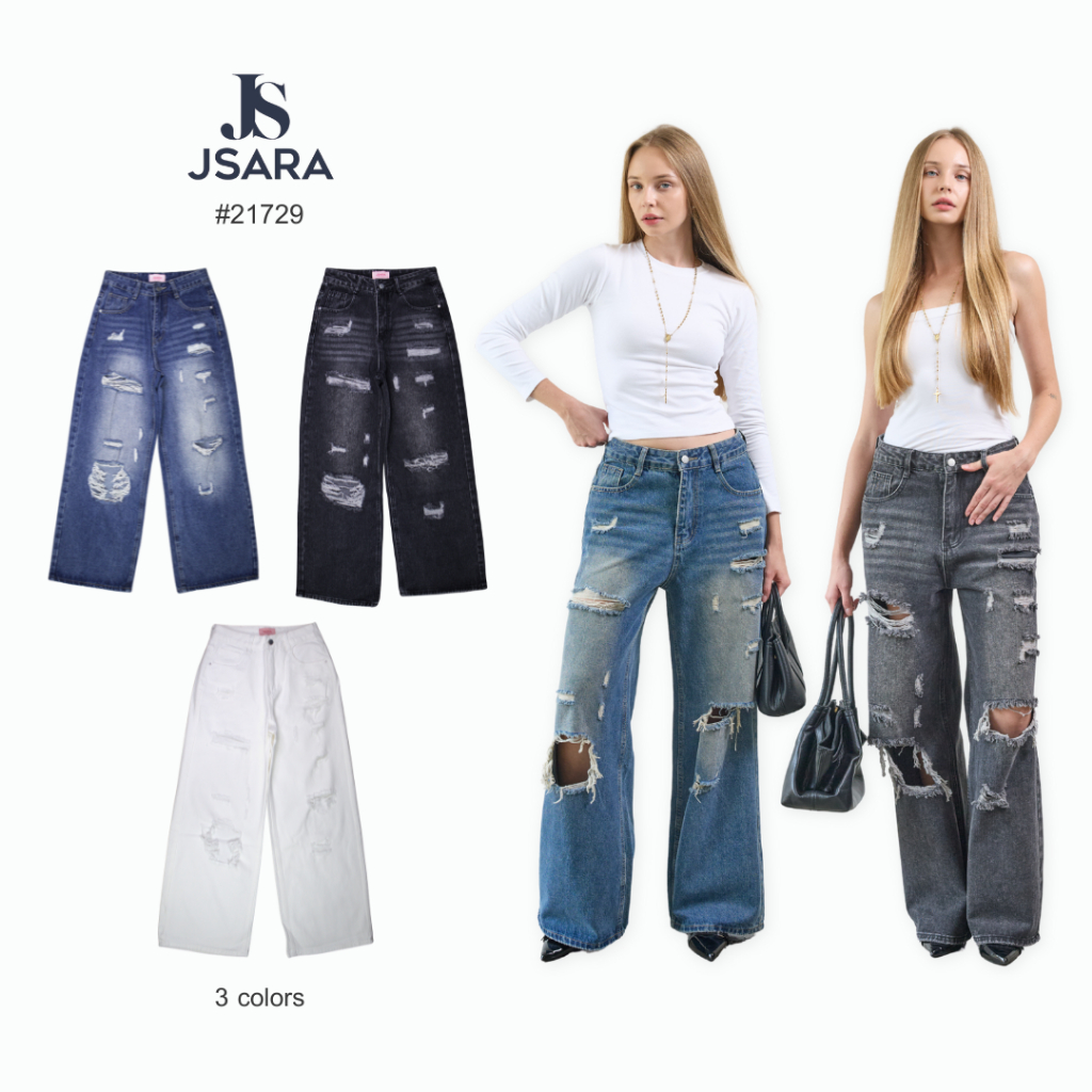 JSARA  Famous jeans เอวกลาง สีฟอก แต่งขาด Unisex ผ้าไม่ยืด ขนาด S-3XL ขายาวรุ่นรหัส 21729